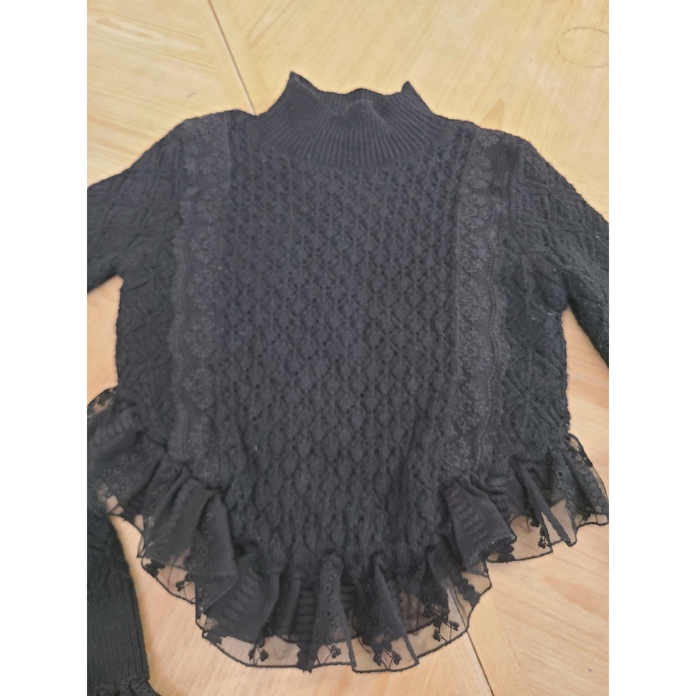 Zara Sweater Womens Medium Black Ruffle Lace Trim Mock Neck Cable Knit - Picture 3 of 6